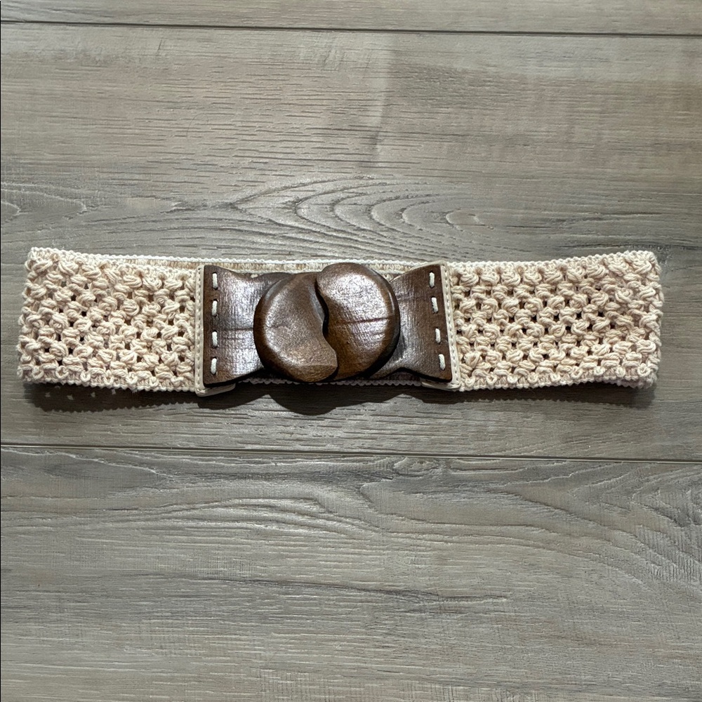 Beige Woven Belt with Wooden Buckle Stretches to at least 35”